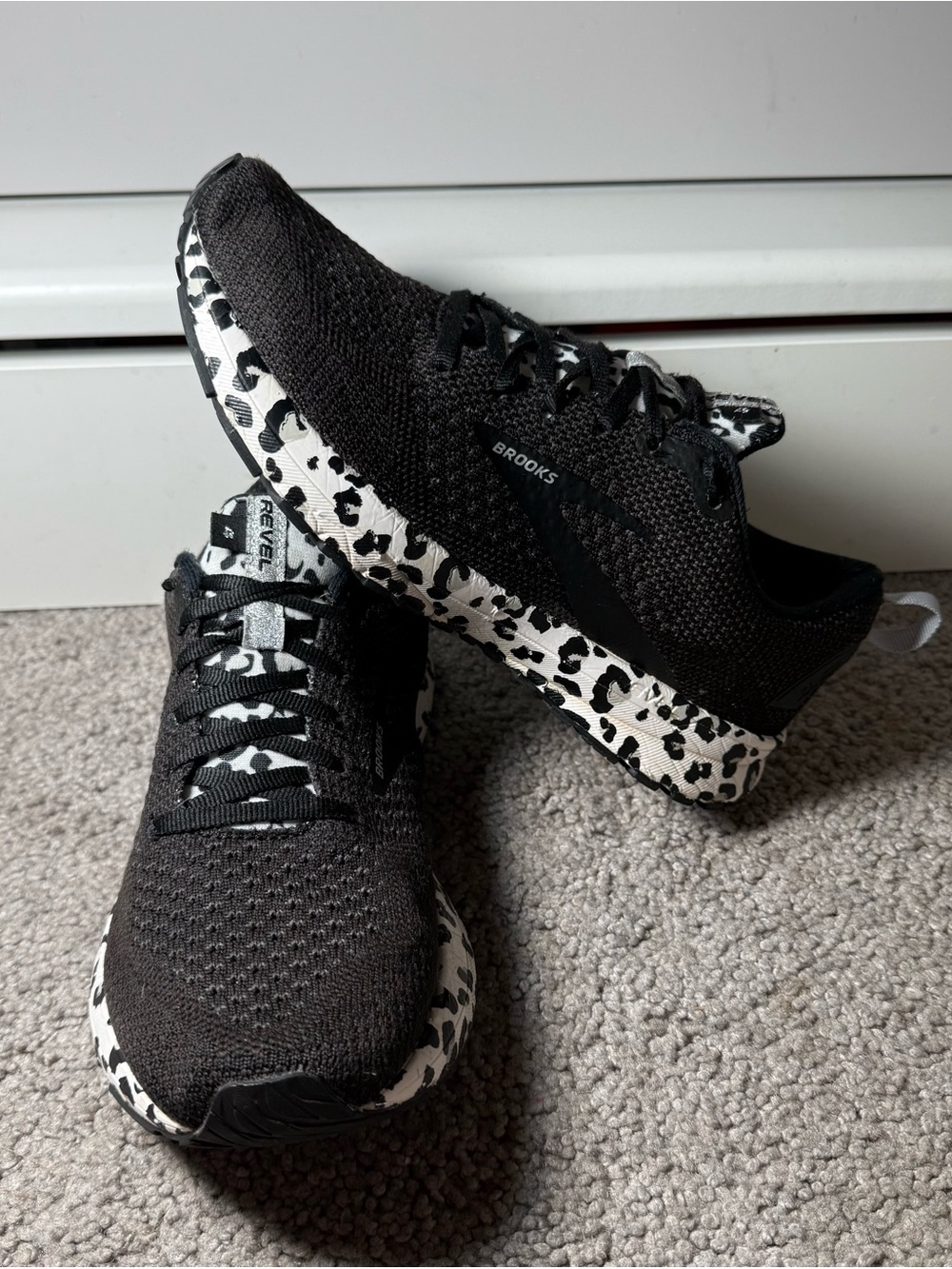 Brooks Women's Black Knit Running Shoes with Black & White Leopard Sole
